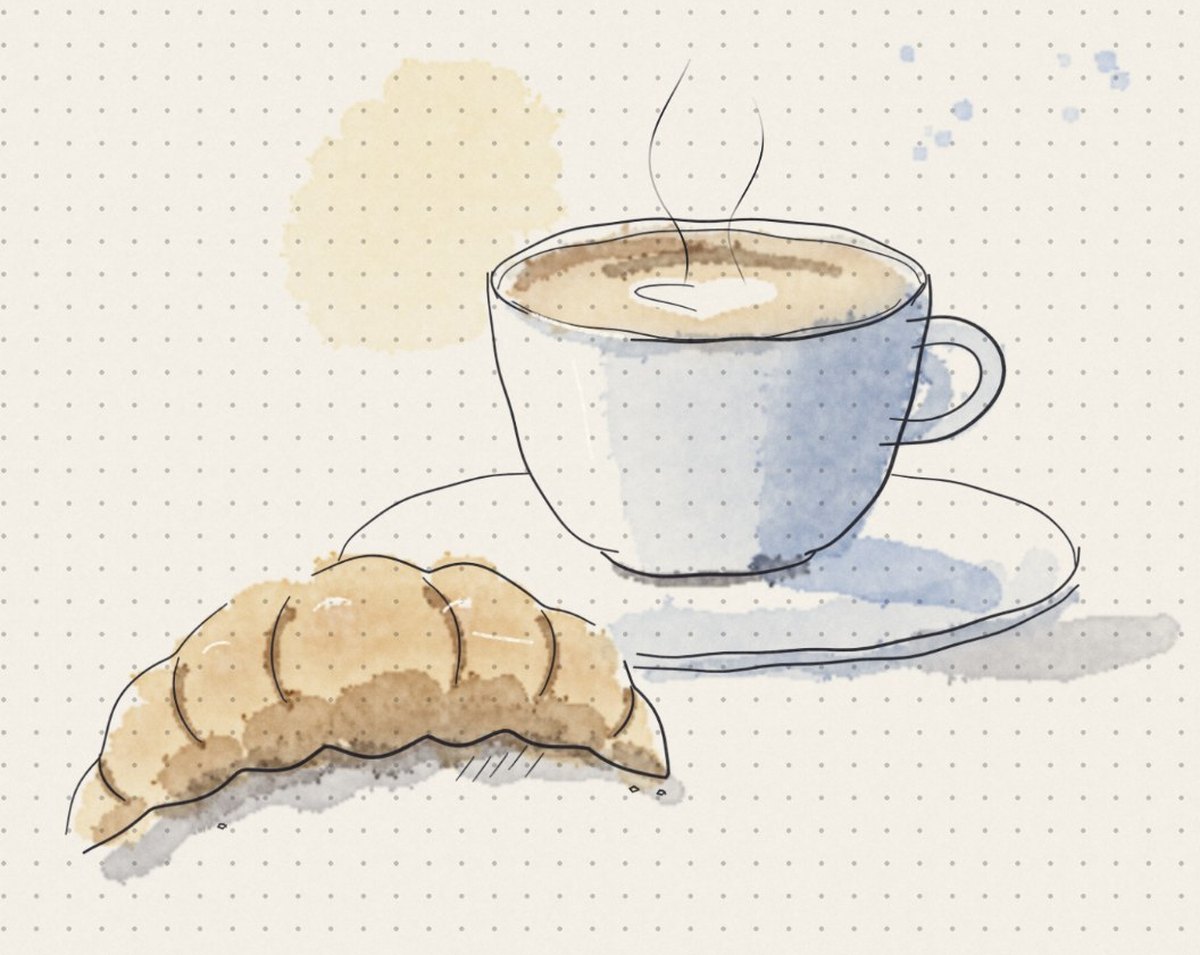 A watercolor croissant and cappuccino, finished